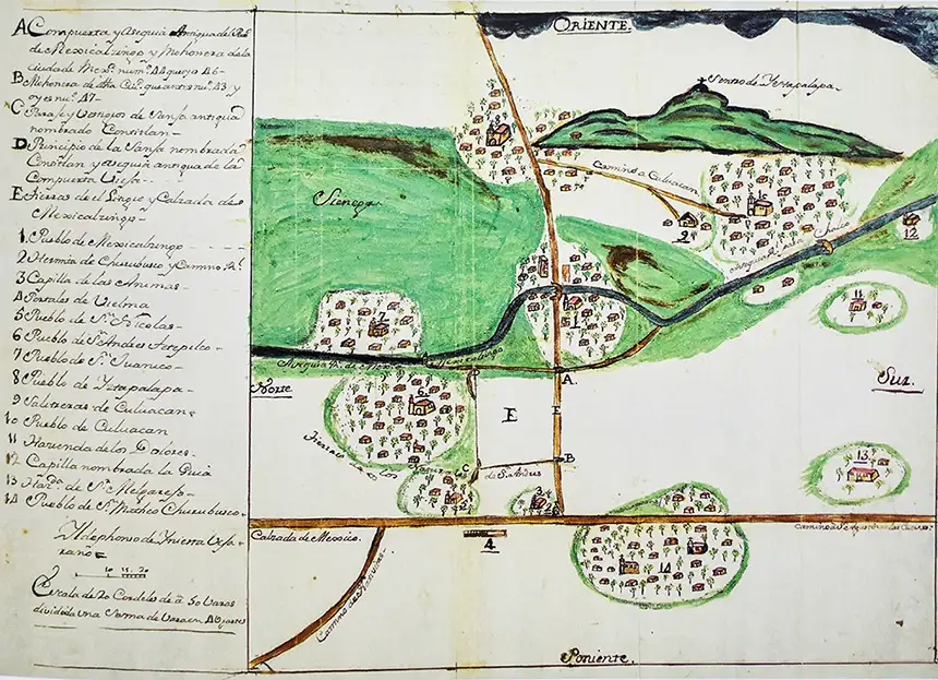 Plano que señala caminos, acequias, Ciénegas y zanjas. 1747, Idelfonso Iniesta Bejarano. Archivo General de la Nación. Núm. Cat. 1195, Neg. 977/1322. Tierras, v. 1692, exp. 1. F. 52.