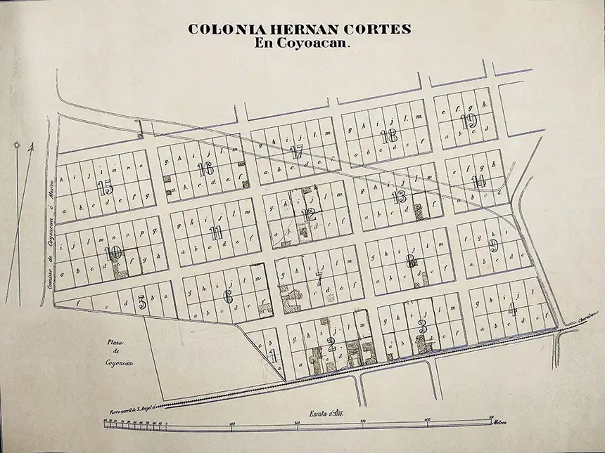 Colonia Hernán Cortés en Coyoacán, proyecto de división en lotes de la zona noreste de la plaza de Coyoacán. 1921. H. Iriarte. Mapoteca Orozco y Berra de la Dirección General de Información Agropecuaria. Forestal y de Fauna Silvestre de la Secretaría de Agricultura y Recursos Hidráulicos. Núm. 2607.