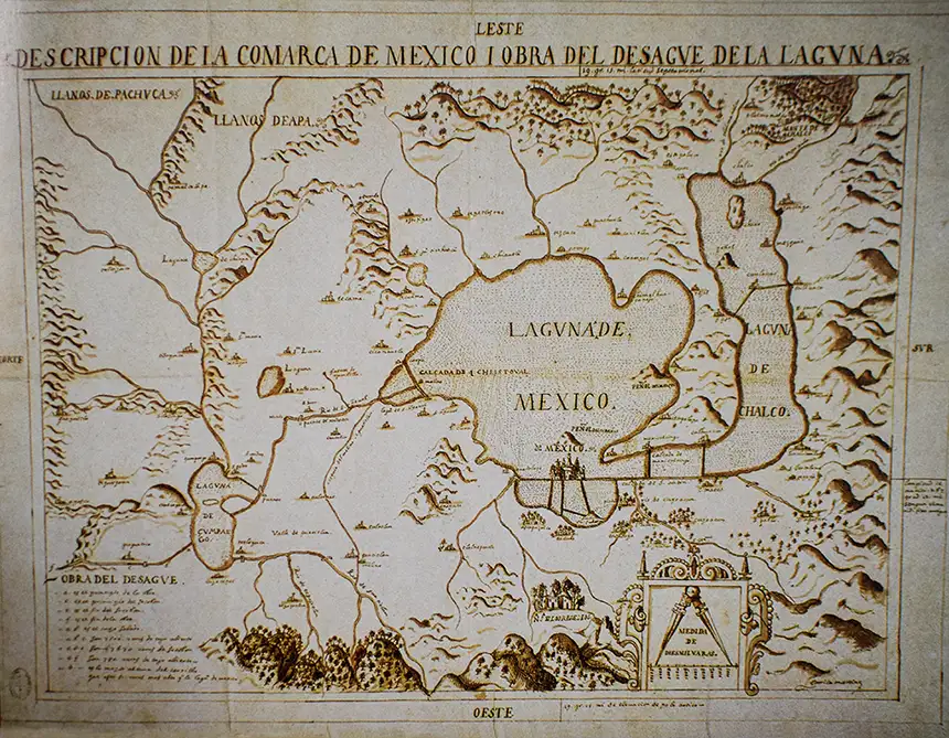Descripción de la Comarca de México, Obra del Desagüe de la Laguna. 1608, Enrico Martínez. Archivo General de Indias. M. P. México 54.