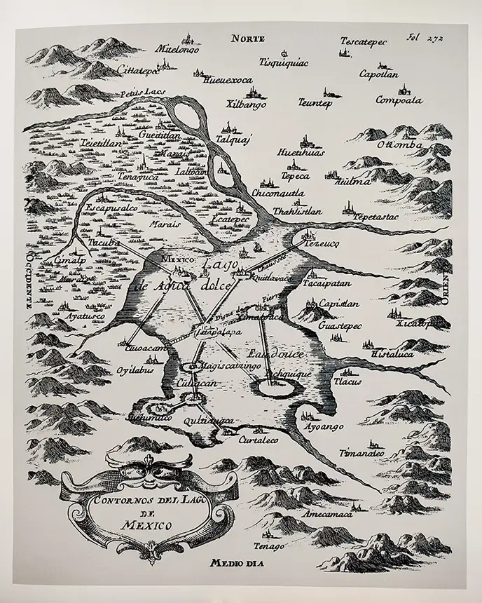 Contornos del Lago de México. 1755, Antonio Solís y Rivadeneira. Apenes. Ola Mapas antiguos del Valle de México. México 1947, Instituto de Historia , UNAM, lámina 12.