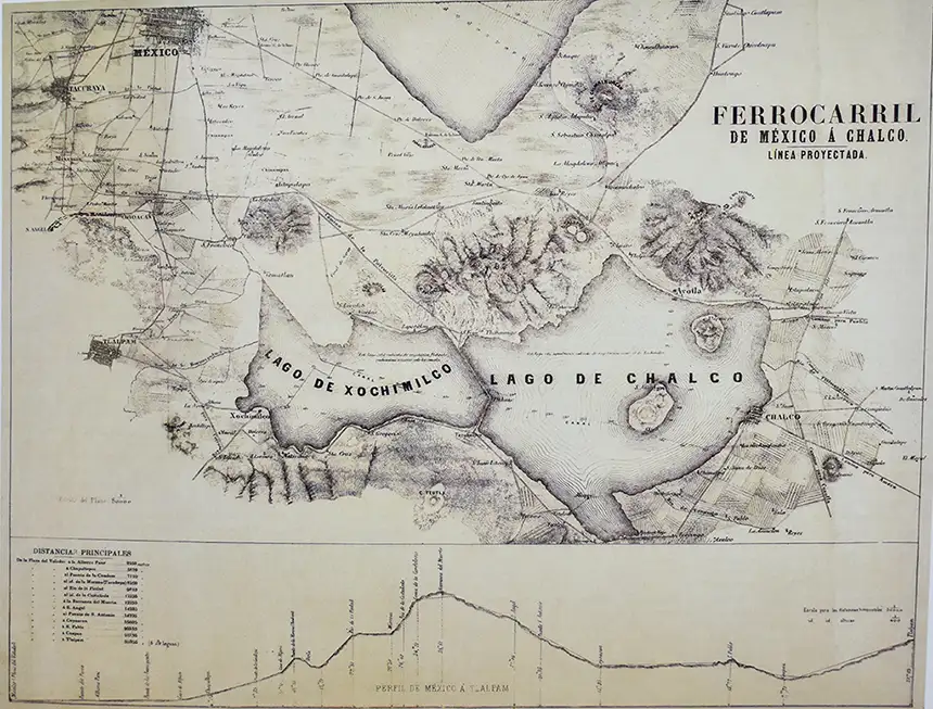 Ferrocarril de México a Chalco. 1866 ca. Anónimo. Colección Orozco y Berra. Núm. 2160.