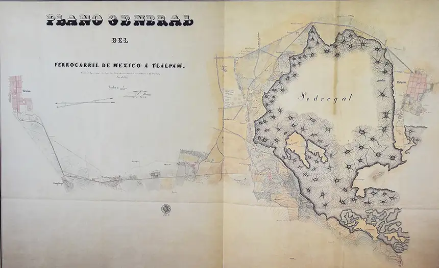 Plano General del Ferrocarril de México a Tlalpan. 1866. Magaña Albino y Arturo Decoing/ Félix Romero/ Santiago Méndez. Colección Orozco y Berra. Núm.2692.