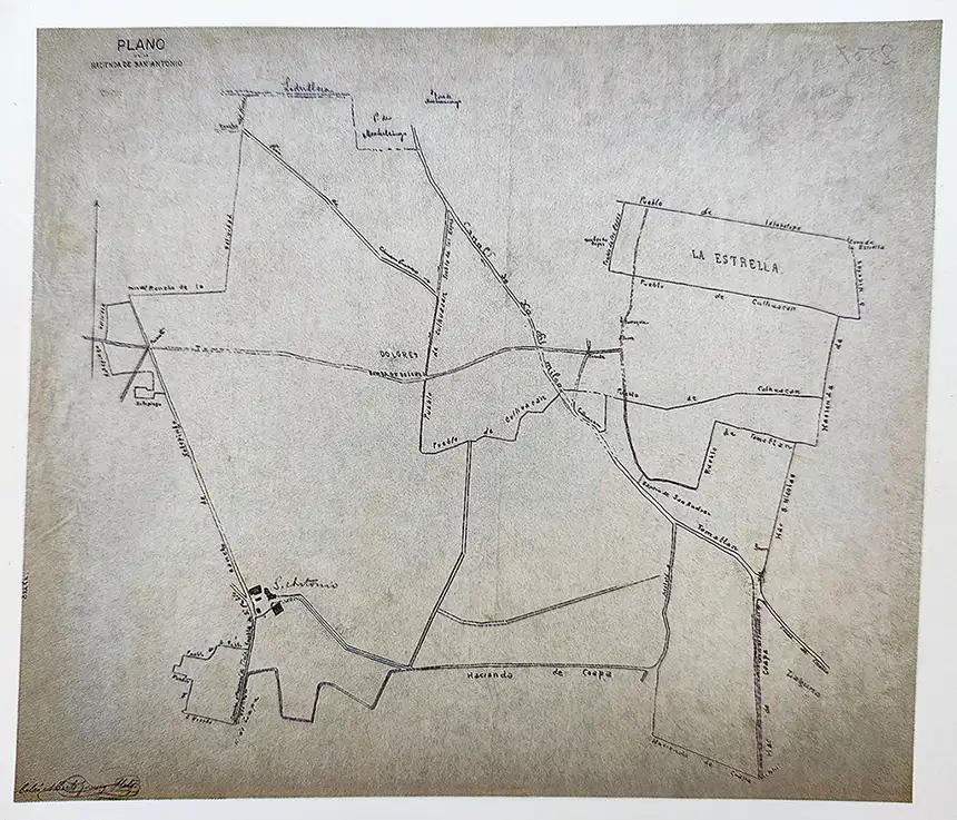 Plano de la Hacienda de San Antonio Coapa. Juan Mendoza y Roca/ Alberto Gómez Llata. Mapoteca Orozco y Berra de la Dirección General de Información Agropecuaria Forestal y de Fauna Silvestre de la secretaría de Agricultura y Recursos Hidráulicos Núm.2587.