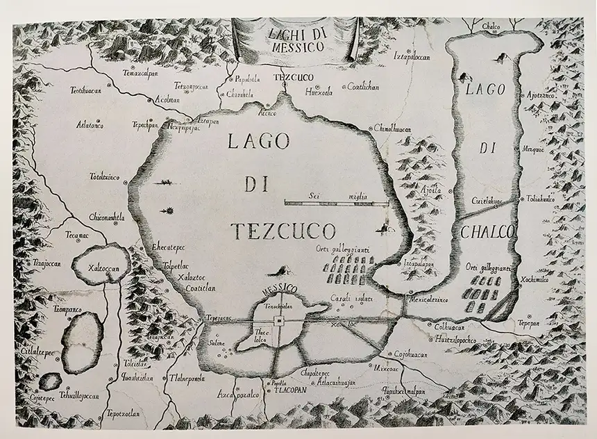 Lago de México. Lachi di Messico. 1780, Francisco Javier Clavijero. Museo de la Ciudad de México.