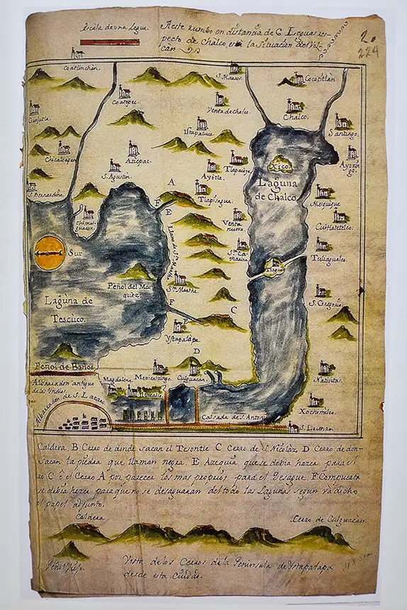 Plano que representa parte de la laguna de Texcoco, así como la de Chalco. 1767, José Antonio Alzate y Ramírez. Archivo General de la Nación, Núm. Cat. 21, Neg. 977/0020. Desagüe, v. 17.exp. 10 f. 224.