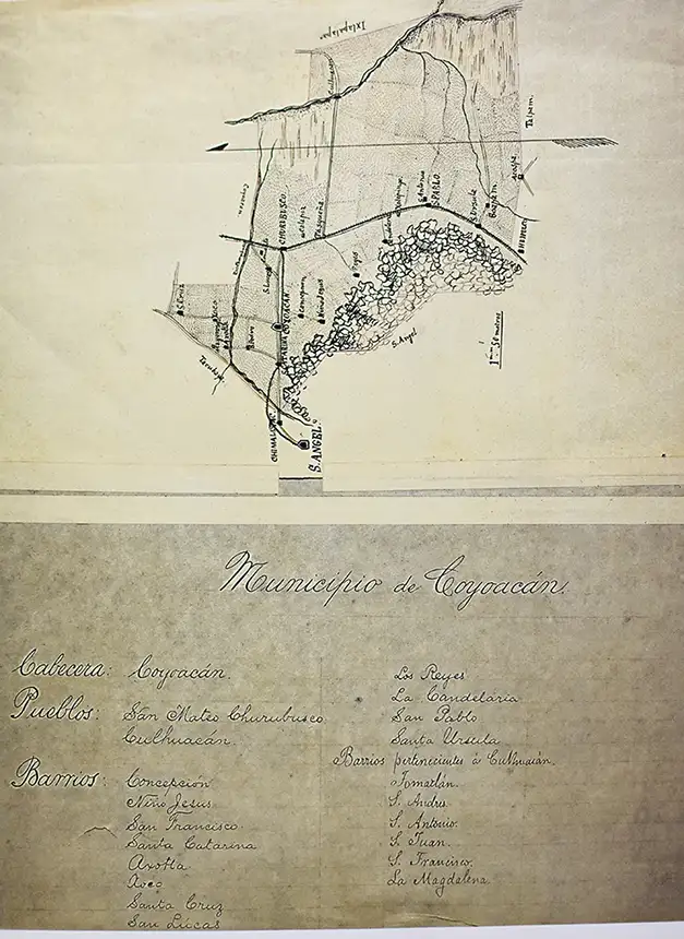 Municipio de Coyoacán. Sin Fecha, municipio de Coyoacán. Mapoteca Orozco y Berra de la Dirección General Agropecuaria Forestal y de Fauna Silvestre de la Secretaría de Agricultura y Recursos Hidráulico. Colección Orozco y Berra Núm. 2558.