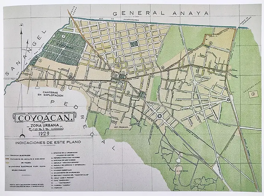 Plano, Coyoacán Zona Urbana, General Anaya. 1929. José Manuel Puig Casauranc. Puig Casauranc. José M., Atlas General de Distrito Federal. Dirección de Estudios Históricos. INAH.