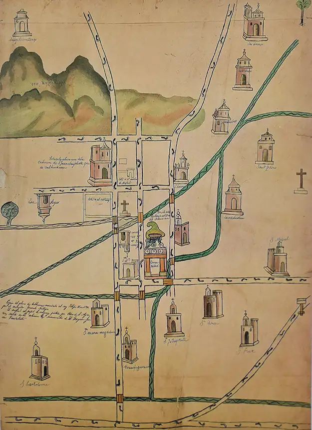 Copia del plano de Culhuacán mandado al Rey Felipe Segundo en 1580 por el corregidor Gonzalo Gallegos. 1580, Pedro de San Agustín / Gonzalo Gallegos. Pág. 217 Mapoteca Orozco y Berra de la Dirección General de Información Agropecuaria, Forestal y de Fauna Silvestre de la secretaría de Agricultura y recursos Hidráulicos, Colección Orozco y Berra, Núm. 1187.