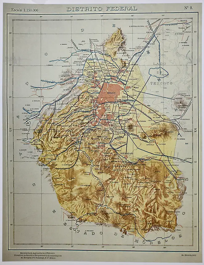 Plano del Distrito Federal, marca los límites y sus municipalidades. 1922. Secretaría de Agricultura y Fomento, Dirección de Estudios Geográficos y Climatológicos. Mapoteca Orozco y Berra de la Dirección General de Información Agropecuaria Forestal yde Fauna Silvestre de la Secretaría de agricultura y Recursos Hidráulicos, Colección General Núm. 1403.