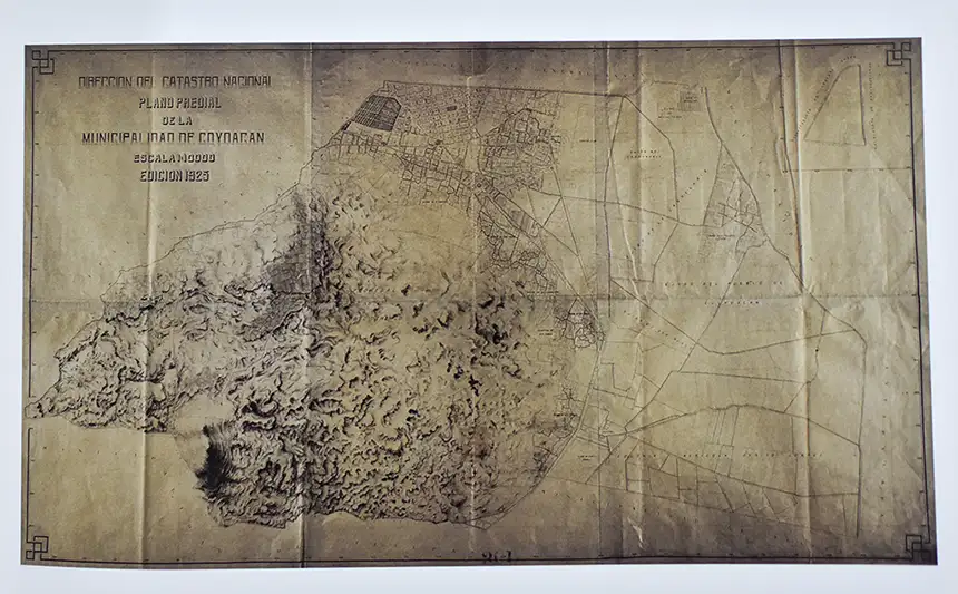 Plano predial de la Municipalidad de Coyoacán. 1925, Dirección del Catastro Nacional. Mapoteca Orozco y Berra de la Dirección de información Agropecuaria, Forestal y de Fauna Silvestre de la Secretaría de Agricultura y Recursos Hidráulicos, Colección General Núm. 1173.