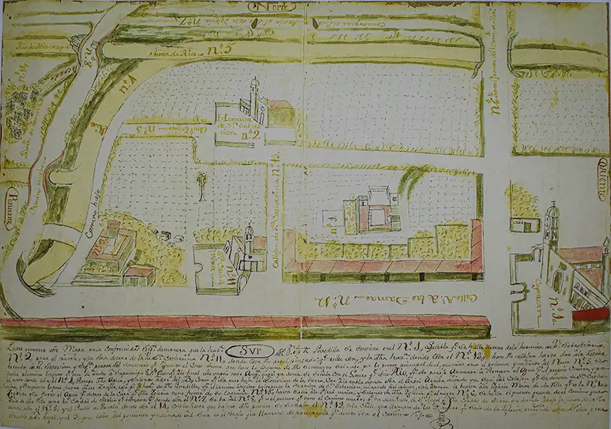 Plano en el que aparece la ermita de San Sebatián y el obraje de Panzacola, y al pie se encuentra su explicación. 1750, Carlos de Caruso. Archivo General de la Nación. Num. Cat. 3058. Neg. 978/1703. Hospital de Jesús, leg. 308, exp. 1 f.3.