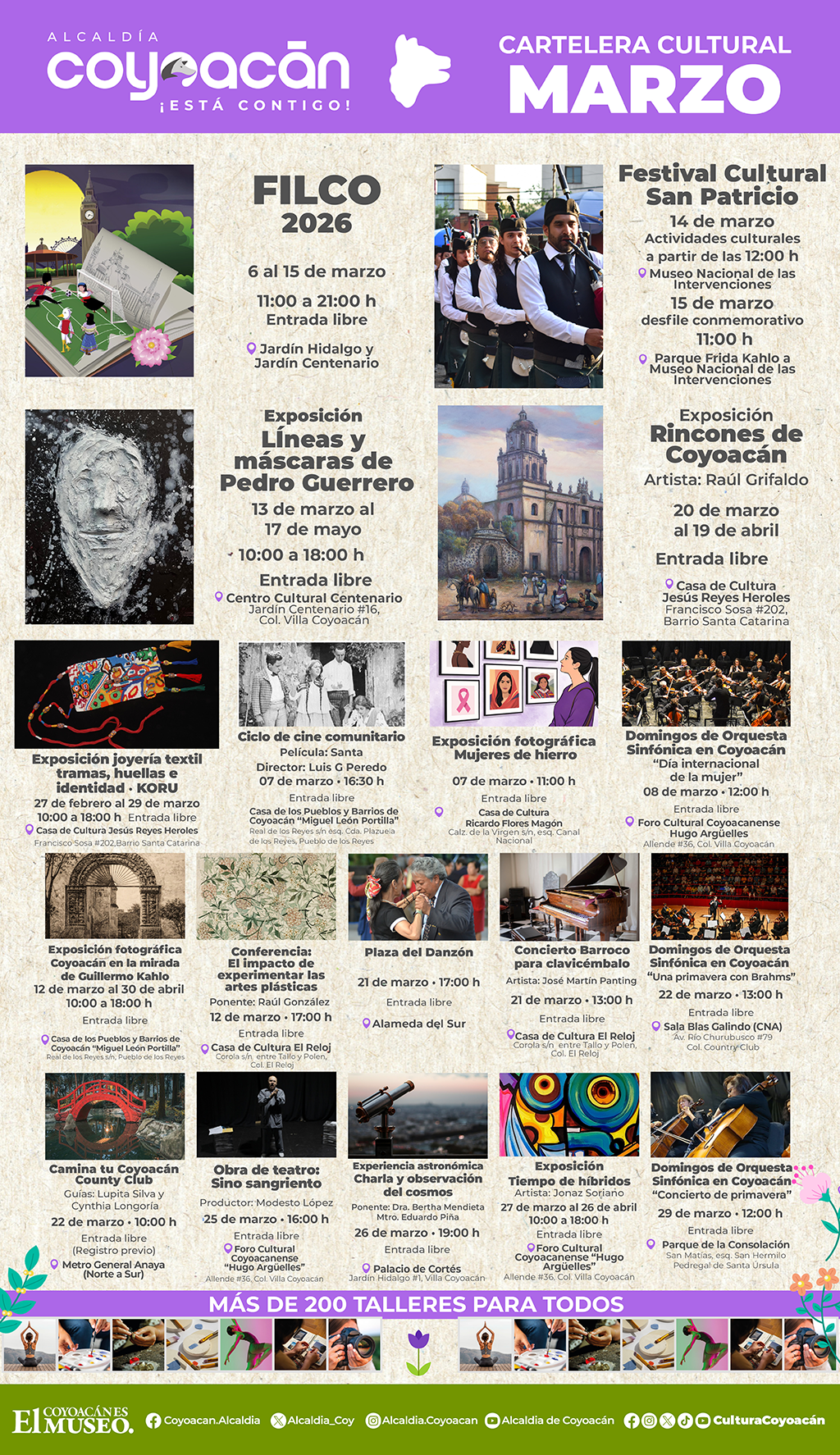Cartelera Marzo 2026 Dirección de Cultura de Coyoacán 